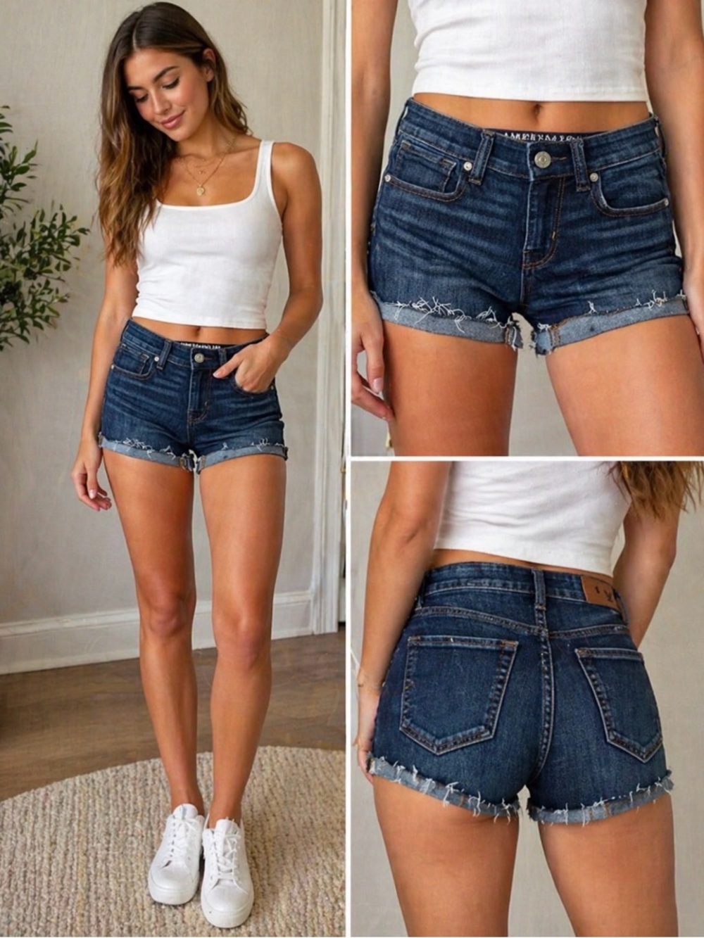 American Eagle Outfitters Dark Blue Denim Frayed Hem Jean Shorts